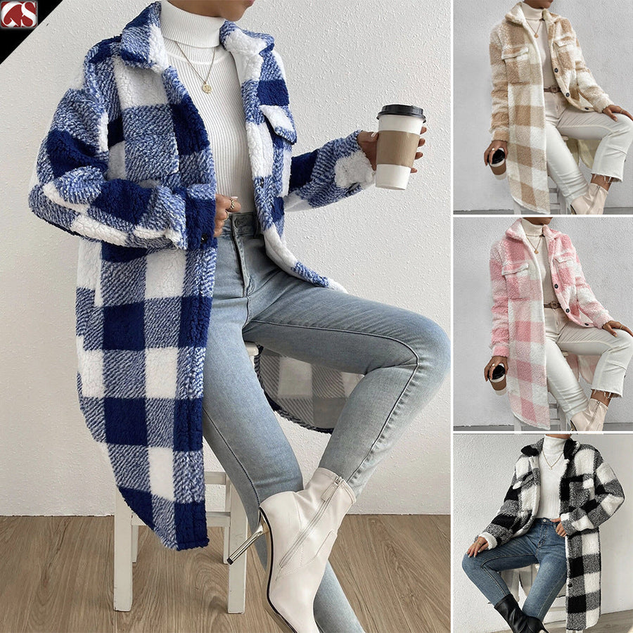 Langer Karo Shacket Teddy Mantel mit Knopfleiste & Kragen für Damen