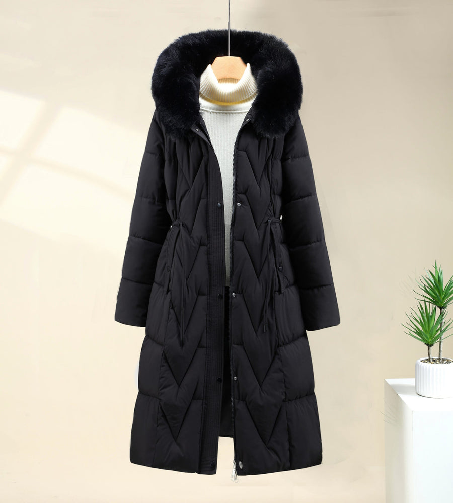 Lange gewatteerde winterjas voor dames met capuchon en imitatiebontafwerking, warme winterparka