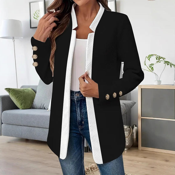 Lange damesblazer met contrasterende revers en sierknopen