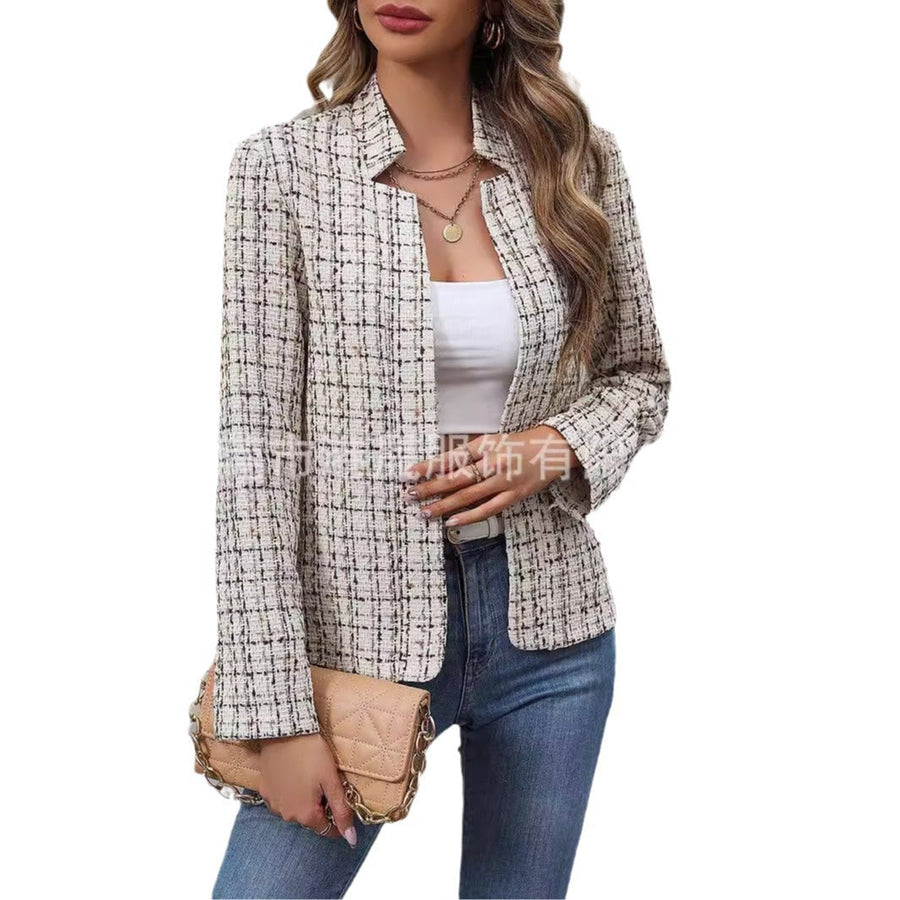 Damen Tweed-Blazer mit Karomuster Offener Vorderseite