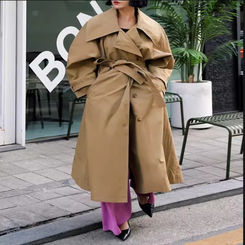 Damen Langer Trenchcoat mit Gürtel und weitem Kragen Khaki