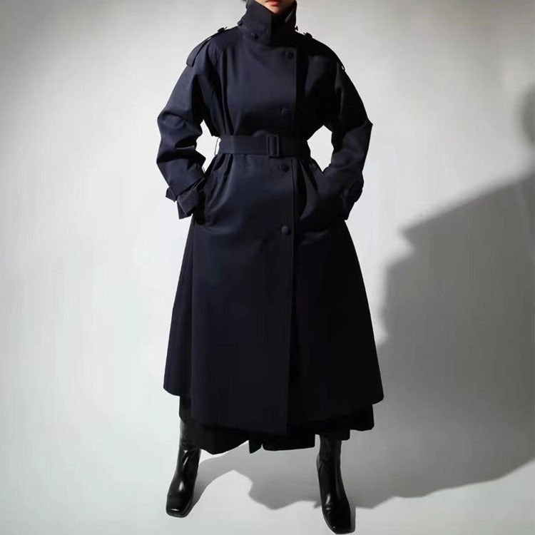 Damen Trenchcoat Lang Stehkragen Gürtel Marineblau