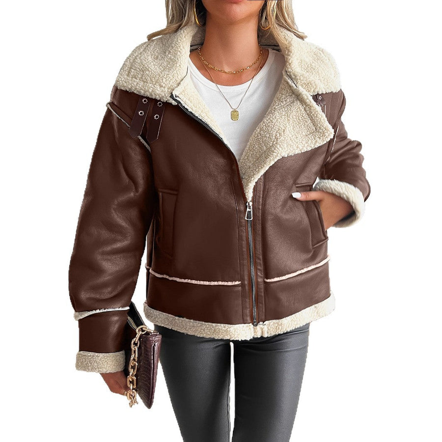Damen Aviator Jacke mit Lammfell-Imitat und Schnallenkragen