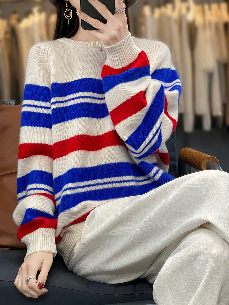 Damen Oversize Strickpullover Gestreift Rundhals Mehrfarbig