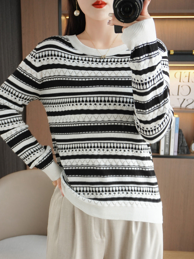 Damen Pullover Schwarz-Weiß gestreift Strickware Lochmuster
