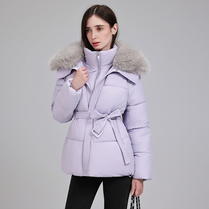 Damen Steppjacke mit Taillengürtel und Kunstfellkragen