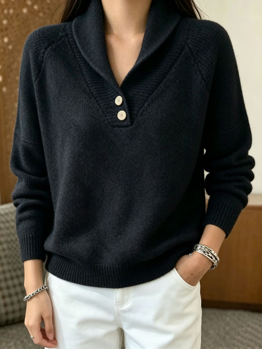 Damen Pullover mit Schalkragen und Knopfleiste, weiches Material