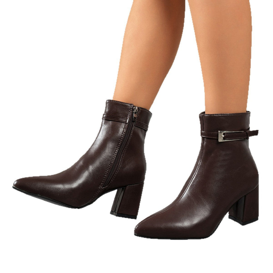 Damen Stiefeletten mit Blockabsatz Spitzer Zeh und Schnallendetail
