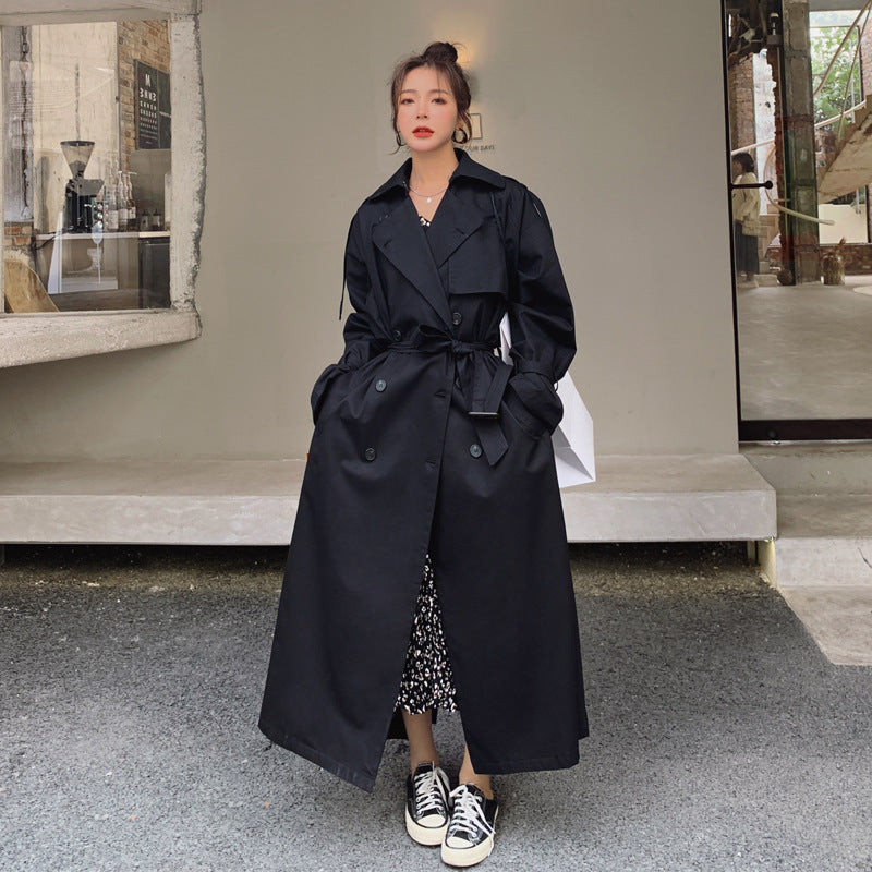 Damen Trenchcoat Lang Schwarz mit Bindegürtel und Reverskragen