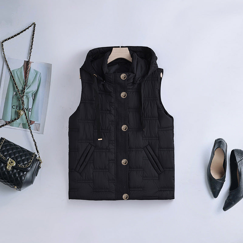 Damesbodywarmer met capuchon, knoopsluiting en zakken