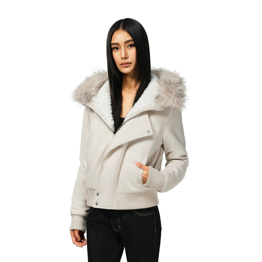 Damen Jacke mit Kunstpelzbesatz und asymmetrischem Reißverschluss
