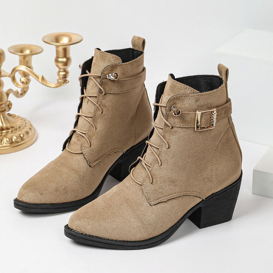 Damen Schnürstiefeletten in Khaki mit Blockabsatz