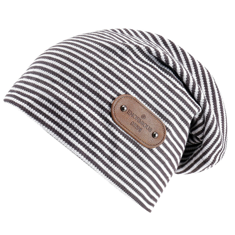 Gestreifte Beanie Mütze mit Leder-Patch, lässiger Stoff Beanie