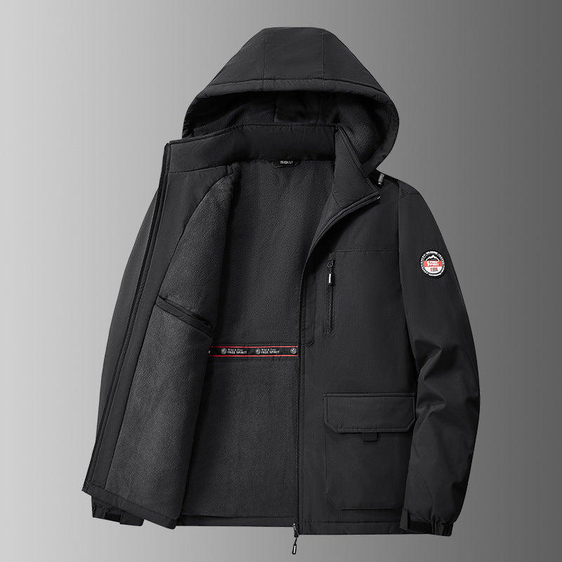 Herren Winterjacke mit Kapuze, Reißverschluss & aufgesetzten Taschen, Fleecefutter