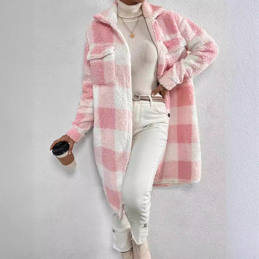 Langer Karo Shacket Teddy Mantel mit Knopfleiste & Kragen für Damen