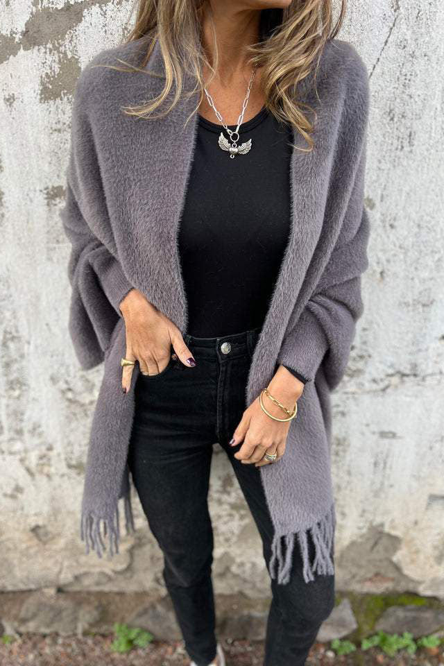 Cardigan Damen Fransen Strickjacke Flauschig Offen