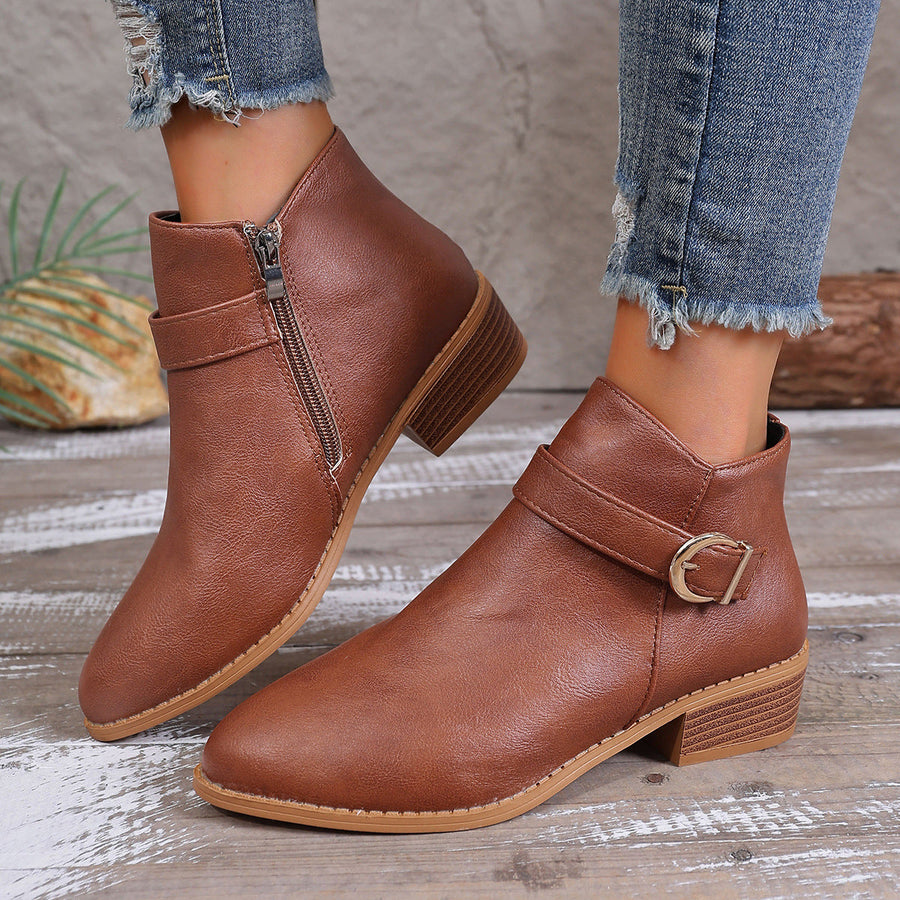 Damen Stiefeletten mit Schnalle & Reißverschluss, flacher Absatz