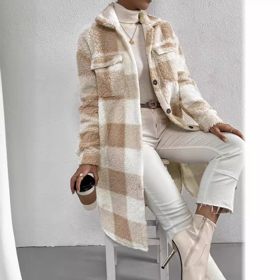Langer Karo Shacket Teddy Mantel mit Knopfleiste & Kragen für Damen