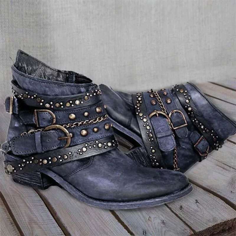 Biker-enkellaarsjes voor dames met studs, bruin, gespen, kettingen, westernlaarzen