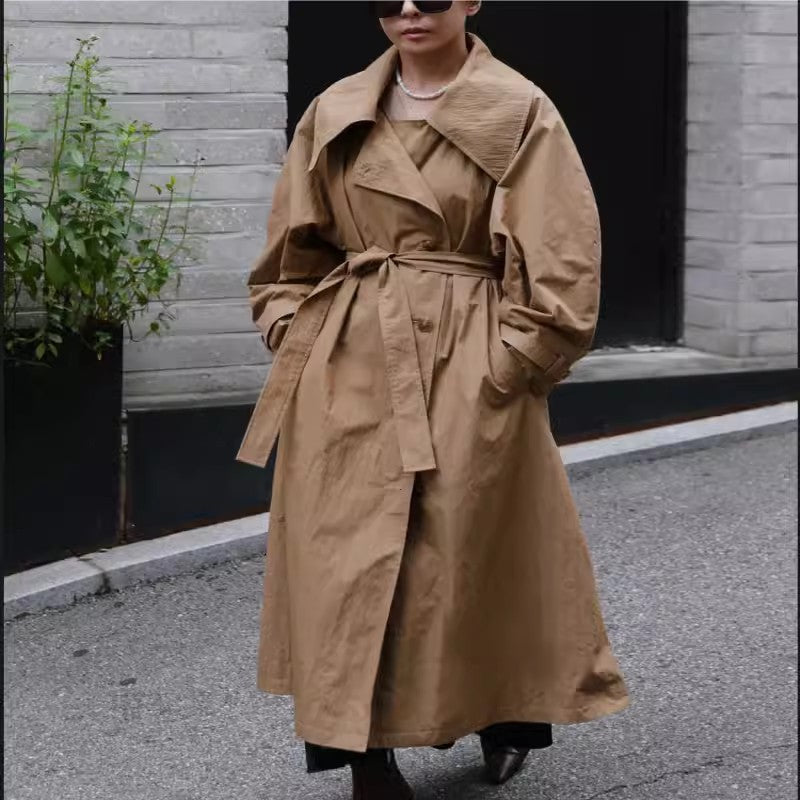 Damen Langer Trenchcoat mit Gürtel und weitem Kragen Khaki