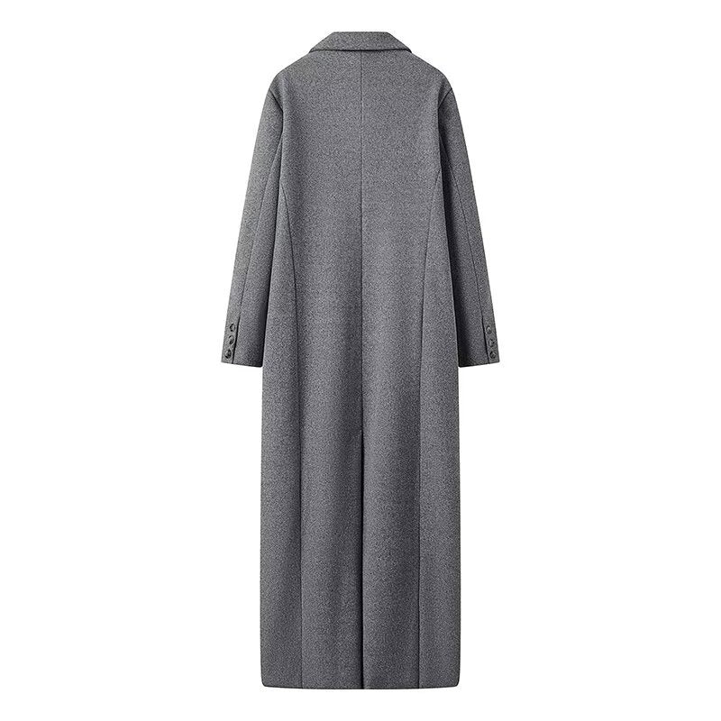 Damen Langer Oversize Maxi-Mantel Grau Zweireihig