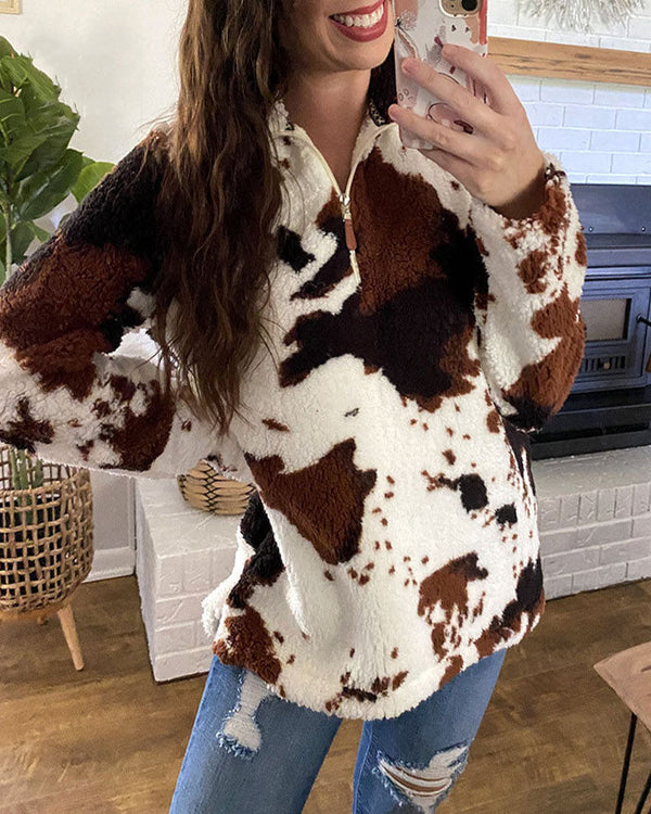 Fleece Pullover im Kuhflecken-Design mit Reißverschluss, Braun Weiß