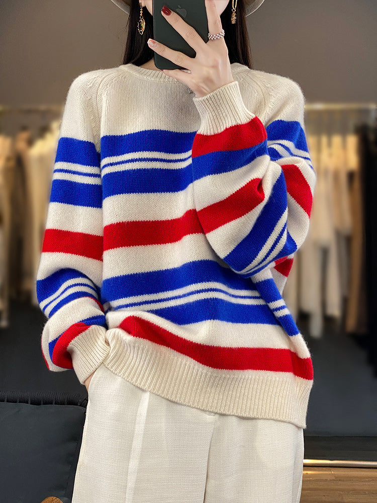 Damen Oversize Strickpullover Gestreift Rundhals Mehrfarbig