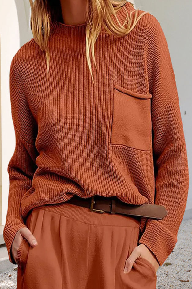 Gerippter Damen Mock-Neck Pullover mit Brusttasche