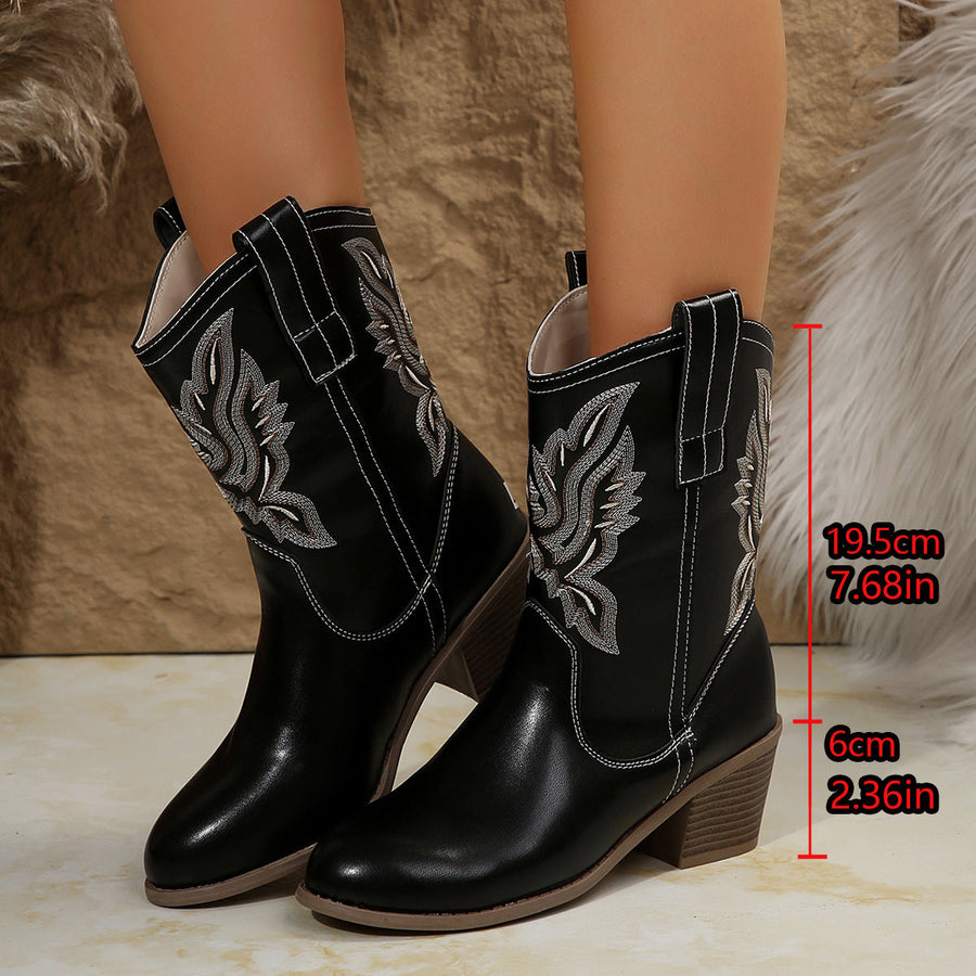 Cowboystiefeletten mit Western-Stickerei, Blockabsatz