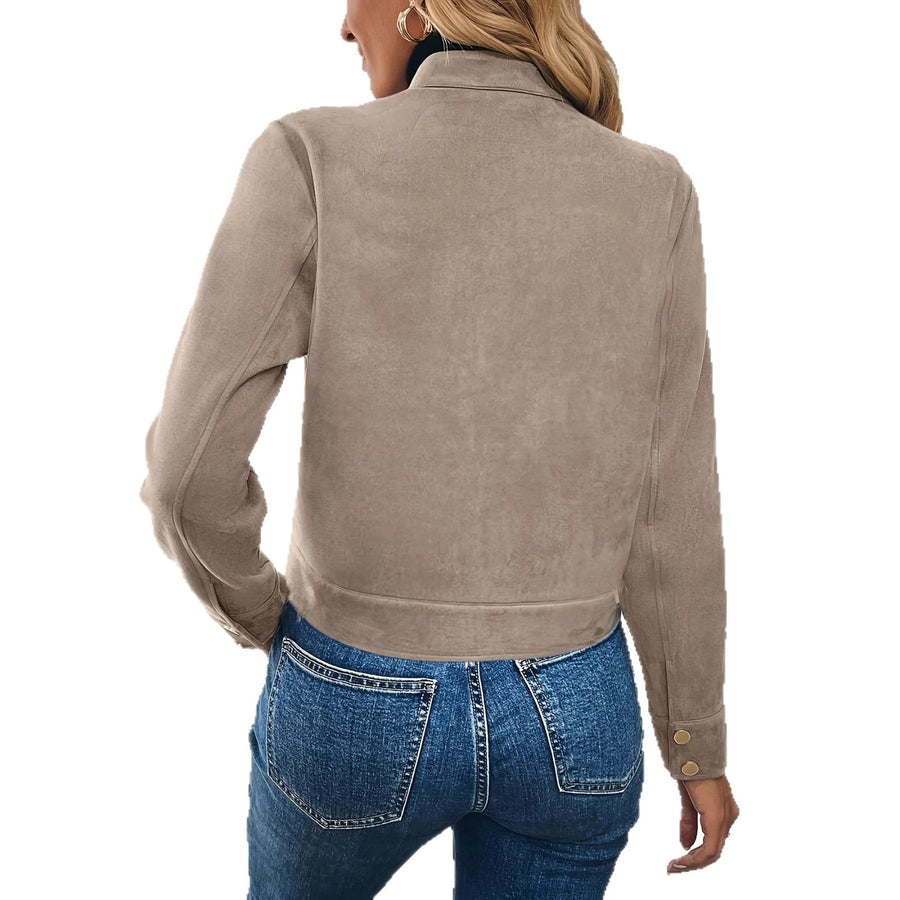 Kurze Damenjacke mit Reißverschluss, Kragen und Pattentaschen – Khaki