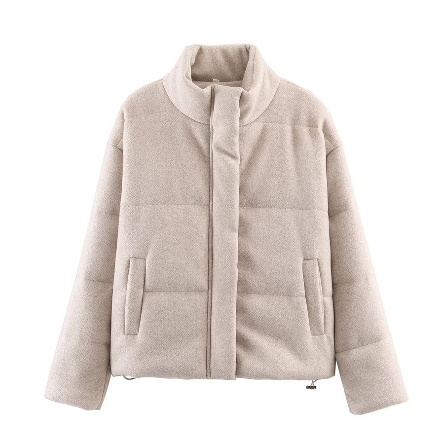 Kurze Damen Winterjacke Beige mit Stehkragen und Reißverschluss