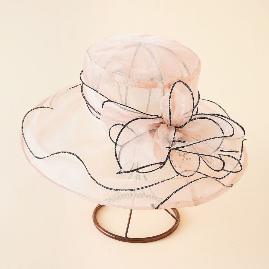 Damen eleganter Organza Hut mit breiter Krempe und Blumen-Applikation