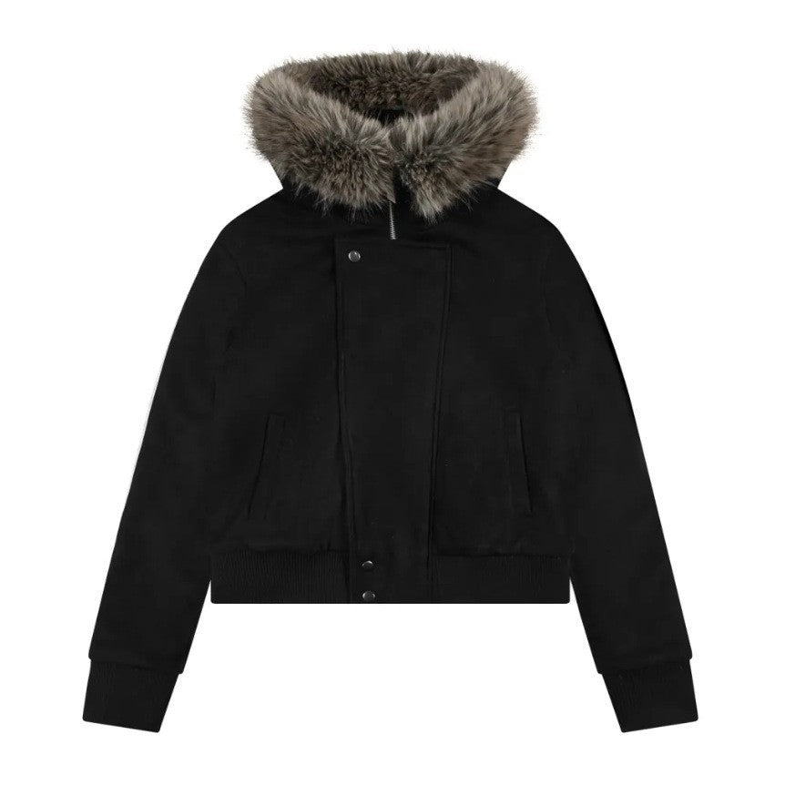 Damen Jacke mit Kunstpelzbesatz und asymmetrischem Reißverschluss