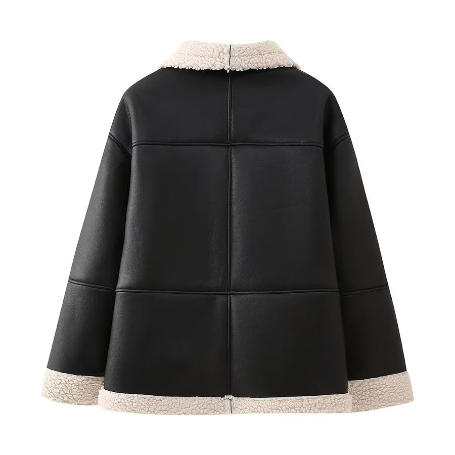 Kurze Damen Pilotenjacke Schwarz mit Teddyfutter Reißverschluss