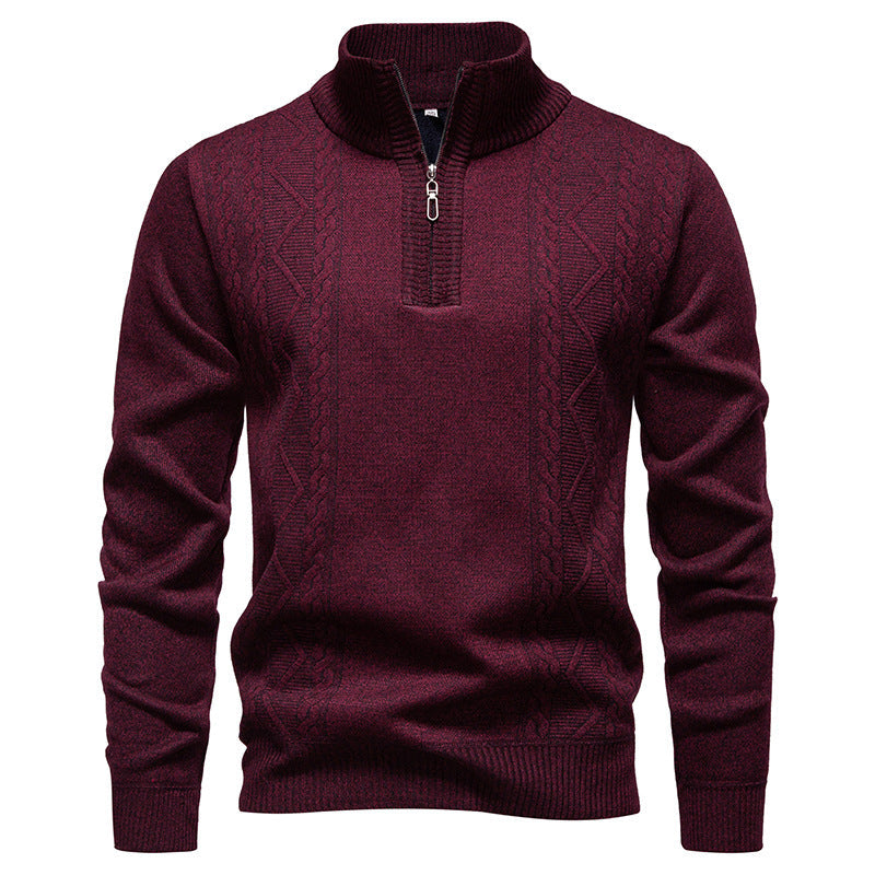 Herren Strickpullover mit Zopfmuster, Stehkragen und Reißverschluss, Melange-Optik