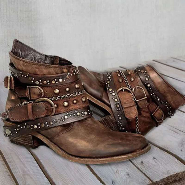 Biker-enkellaarsjes voor dames met studs, bruin, gespen, kettingen, westernlaarzen