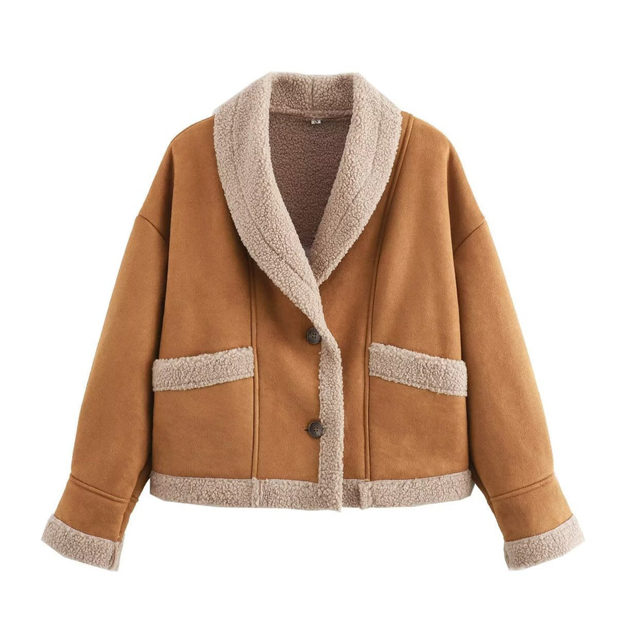 Kort damesjasje in shearlingstijl met pluche voering en kraag