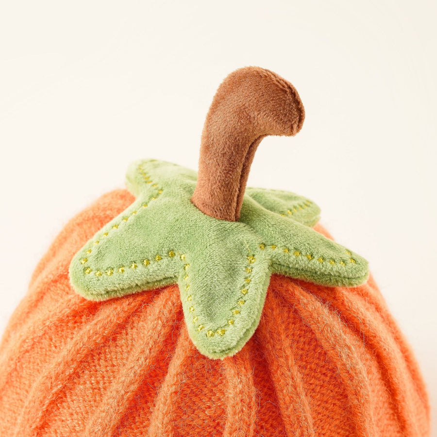 Gerippte Babymütze mit Fruchtstiel, gestrickte Kleinkindmütze mit Blättern und Etikett