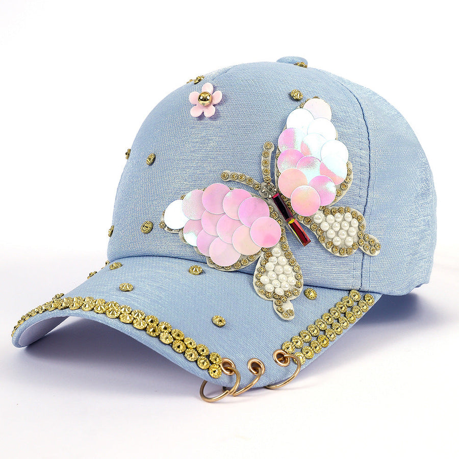 Himmelblaue Baseballkappe mit Schmetterling, Pailletten & Ringen