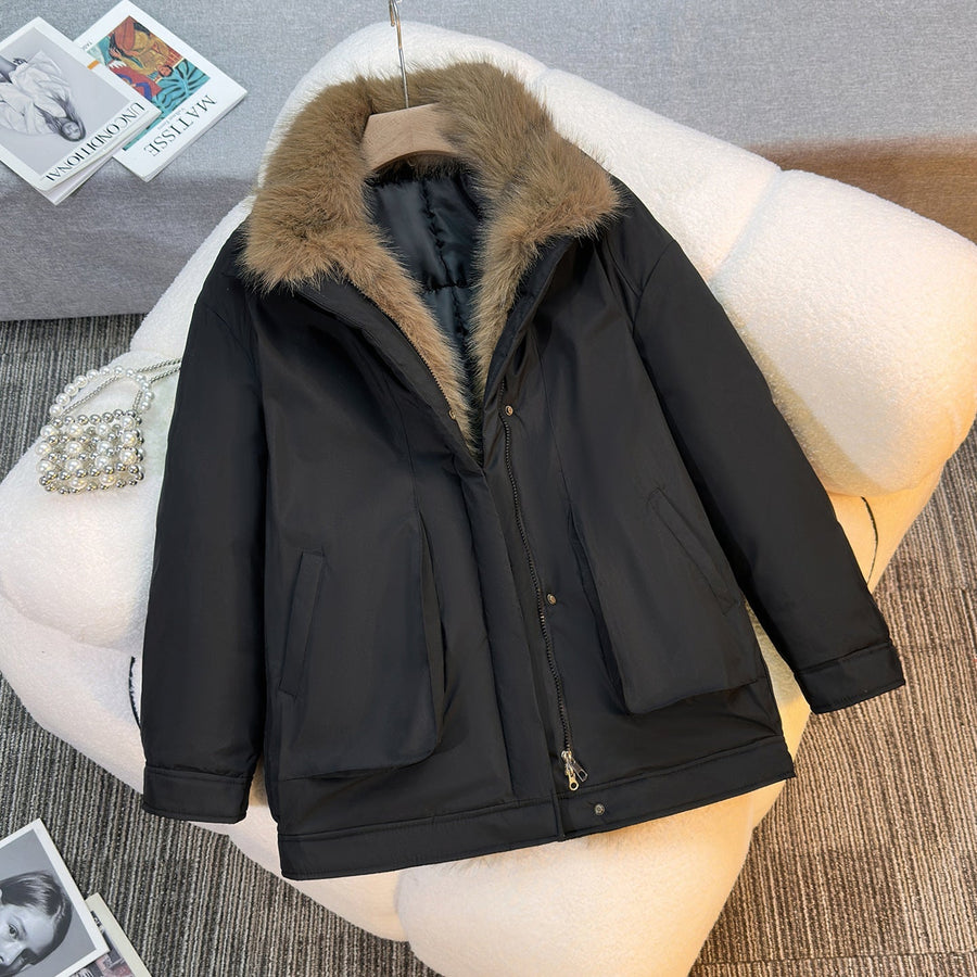 Winterjacke mit Kunstfellkragen und Futter Reißverschluss Tasche