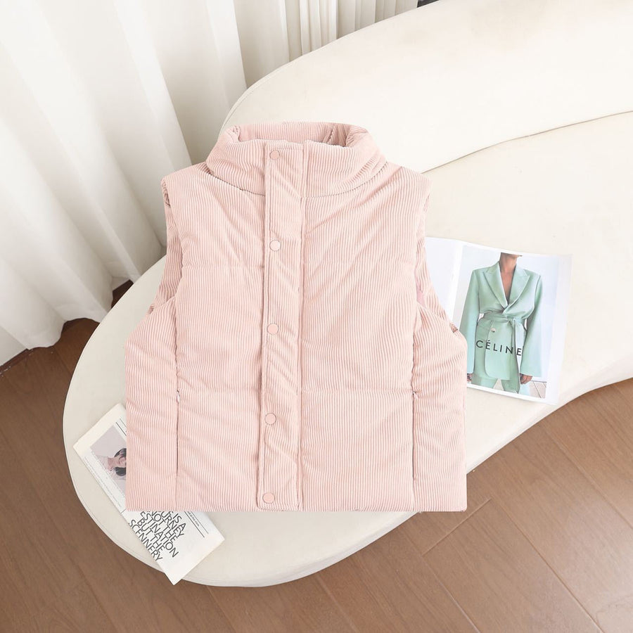 Gewatteerde damesbodywarmer met opstaande kraag, corduroylook