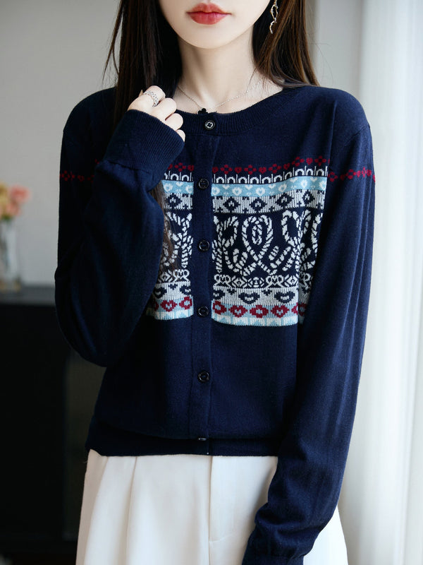 Damesvest met ronde hals en jacquardpatroon