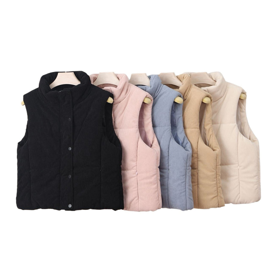 Gewatteerde damesbodywarmer met opstaande kraag, corduroylook
