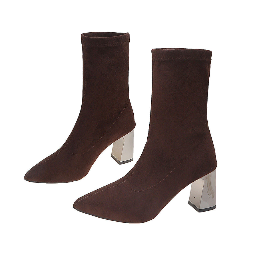 Damen Stiefeletten Spitz zulaufende Zehenpartie Blockabsatz Sockenstiefel