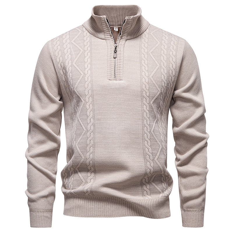 Herren Strickpullover mit Zopfmuster, Stehkragen und Reißverschluss, Melange-Optik