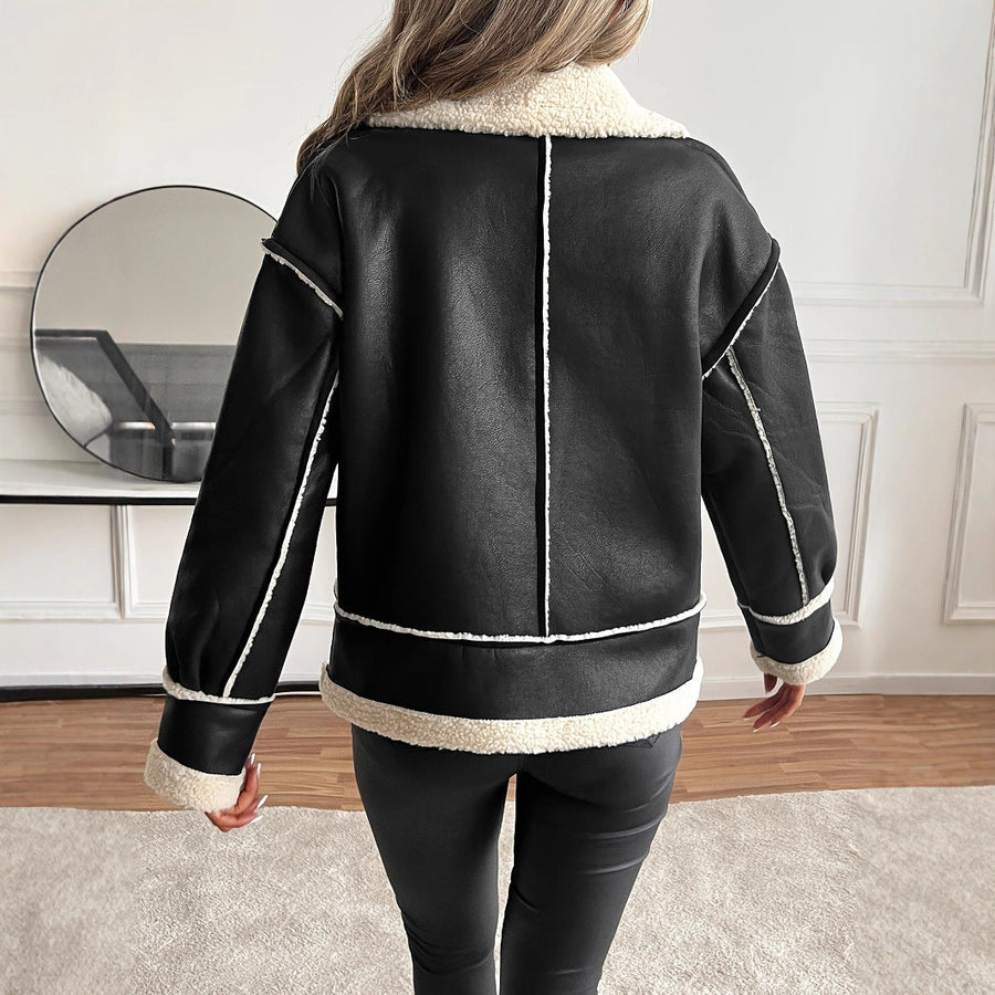 Damen Aviator Jacke mit Lammfell-Imitat und Schnallenkragen