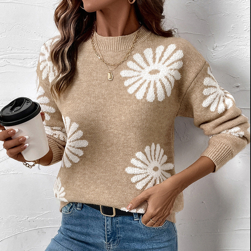 Damen Rundhals Strickpullover Beige mit weißen Blumenmuster