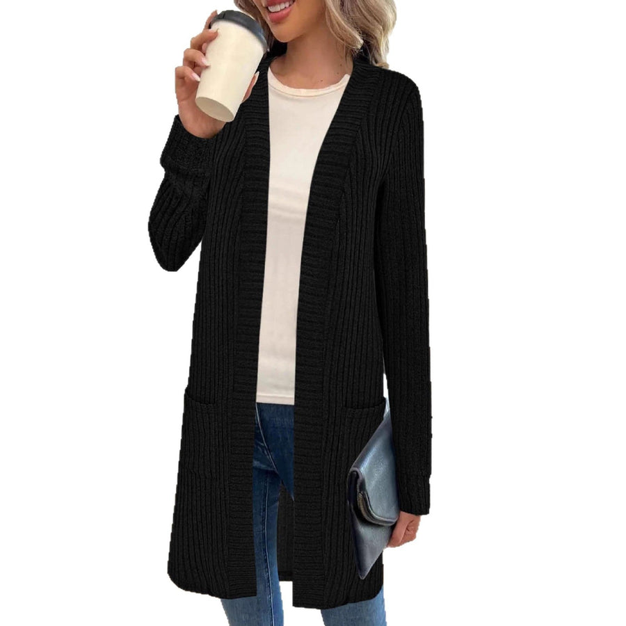 Damen Langstrickjacke Rippstrick Offen mit Taschen