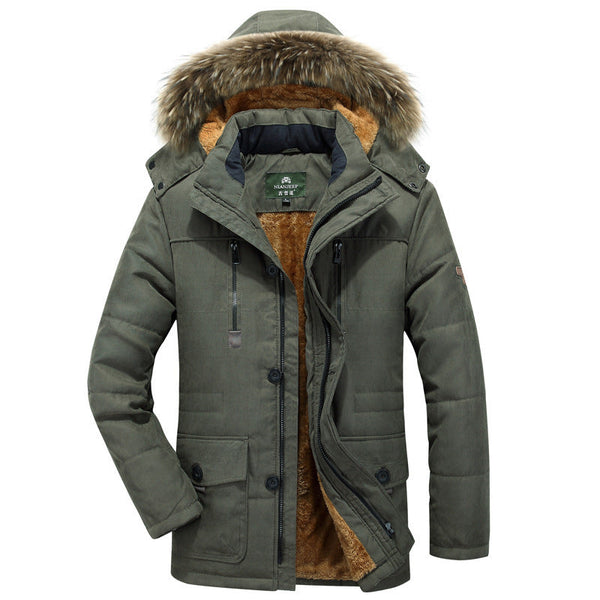 Herenwinterjas met capuchon, bontgarnering en fleecevoering