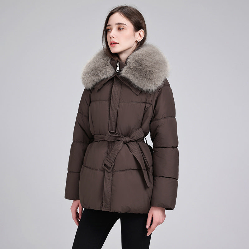 Damen Steppjacke mit Taillengürtel und Kunstfellkragen